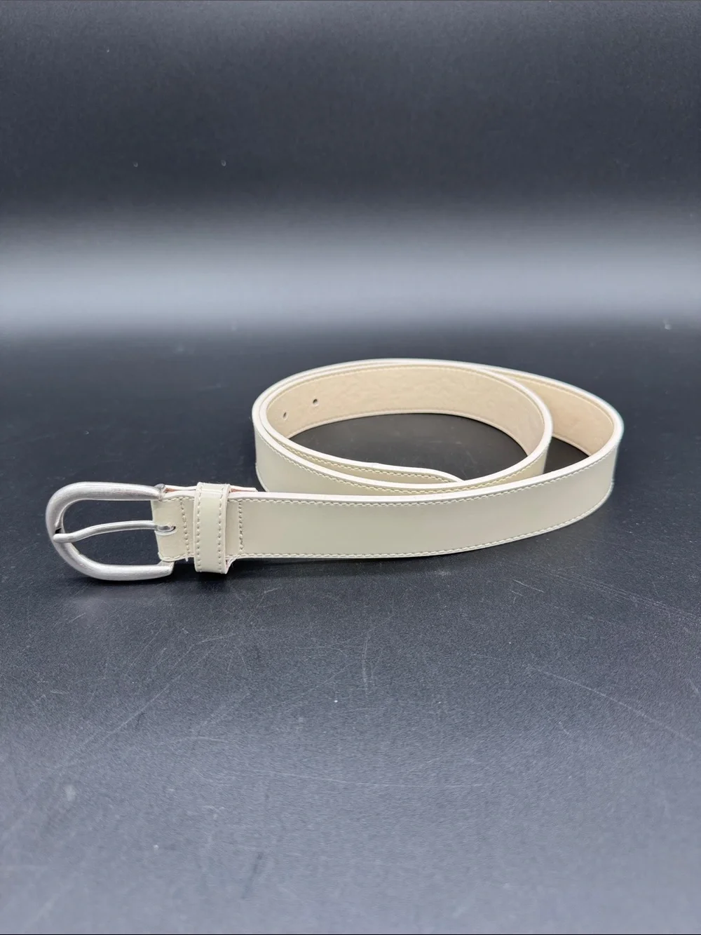 Berge Soft Cream Leather Belt with Brushed Silver Buckle Made in Italy Size M